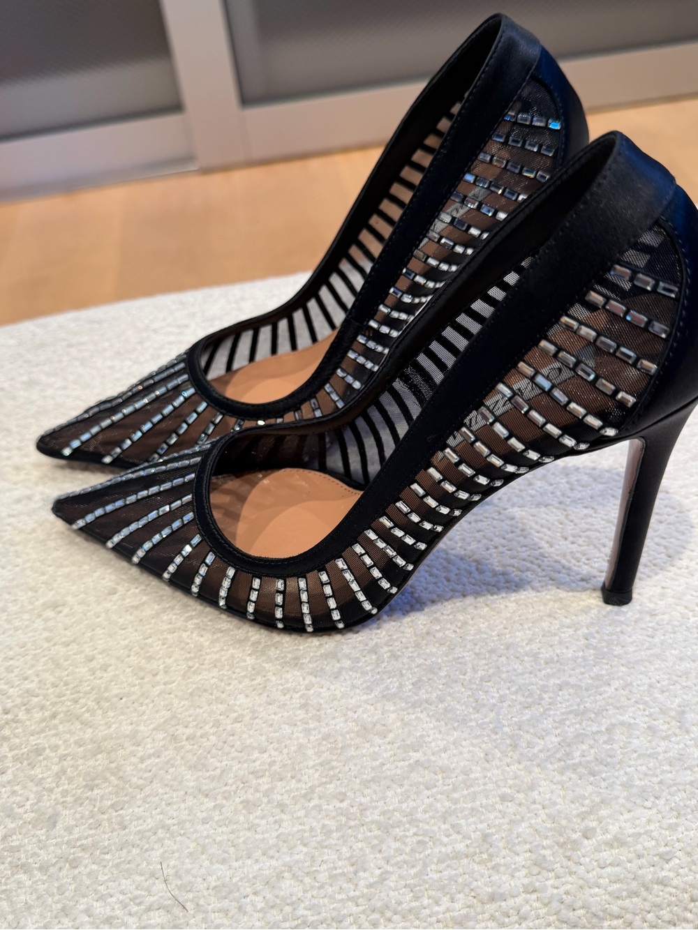 AQUAZZURA Passions Black Crystal-Embellished Pointed Mesh Pumps Aquazzura